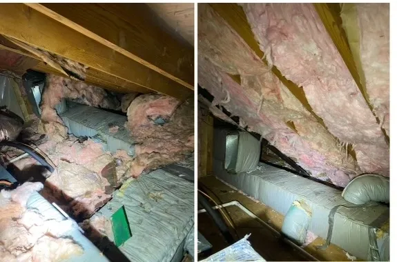 A couple of pictures showing the inside of an attic.